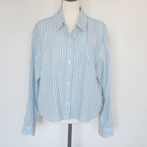Old Navy Cropped Button-Up Shirt Blue White Stripe Cotton L